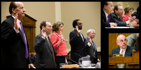 clockwise from left: panel being sworn in, J. Clarence Davies, Rep. Henry Waxman (D-CA)